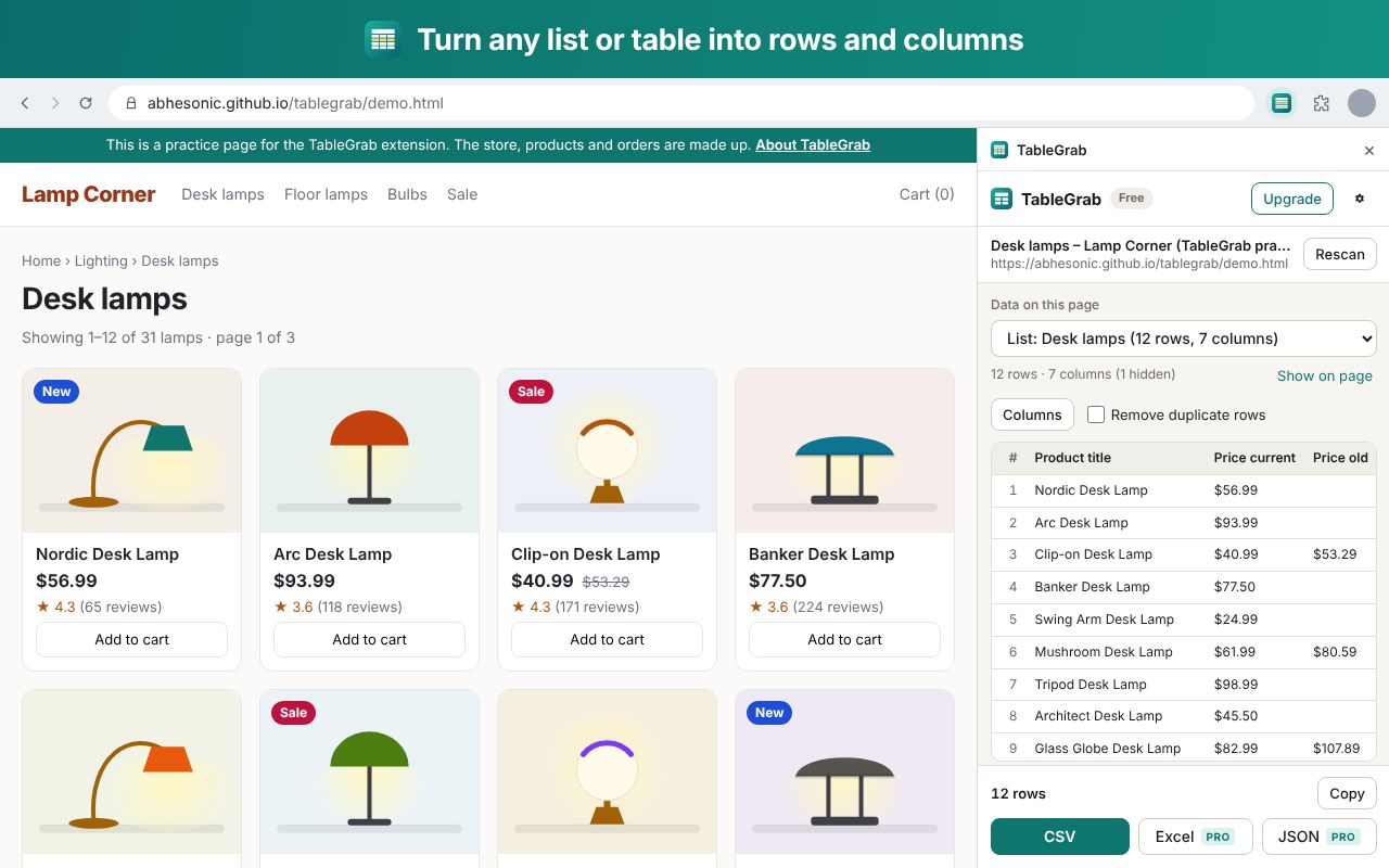 TableGrab's side panel next to a shop page, showing the products as rows with title, price and rating columns